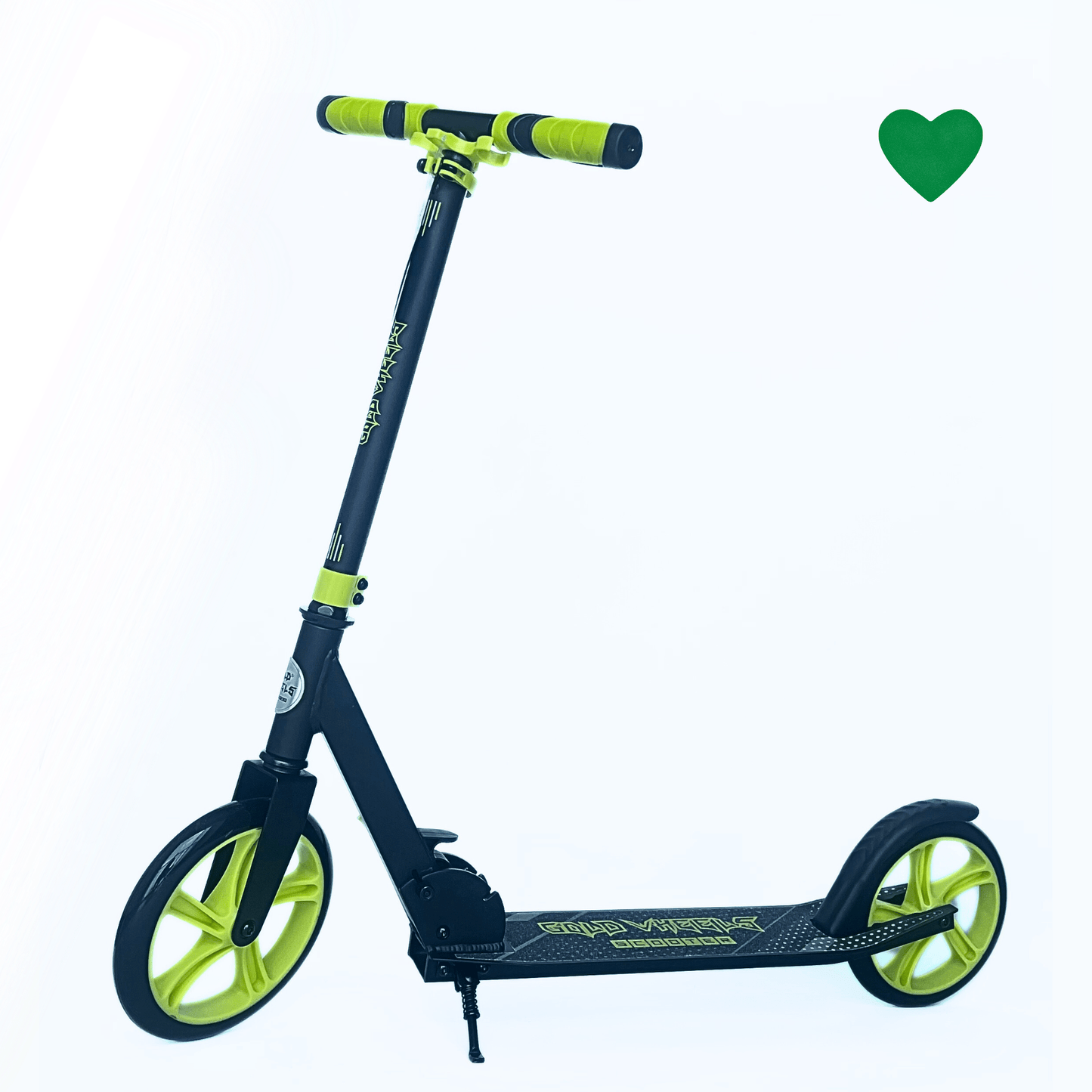 Scooter verde y negro de dos ruedas para niños con manillar ajustable y ruedas grandes.