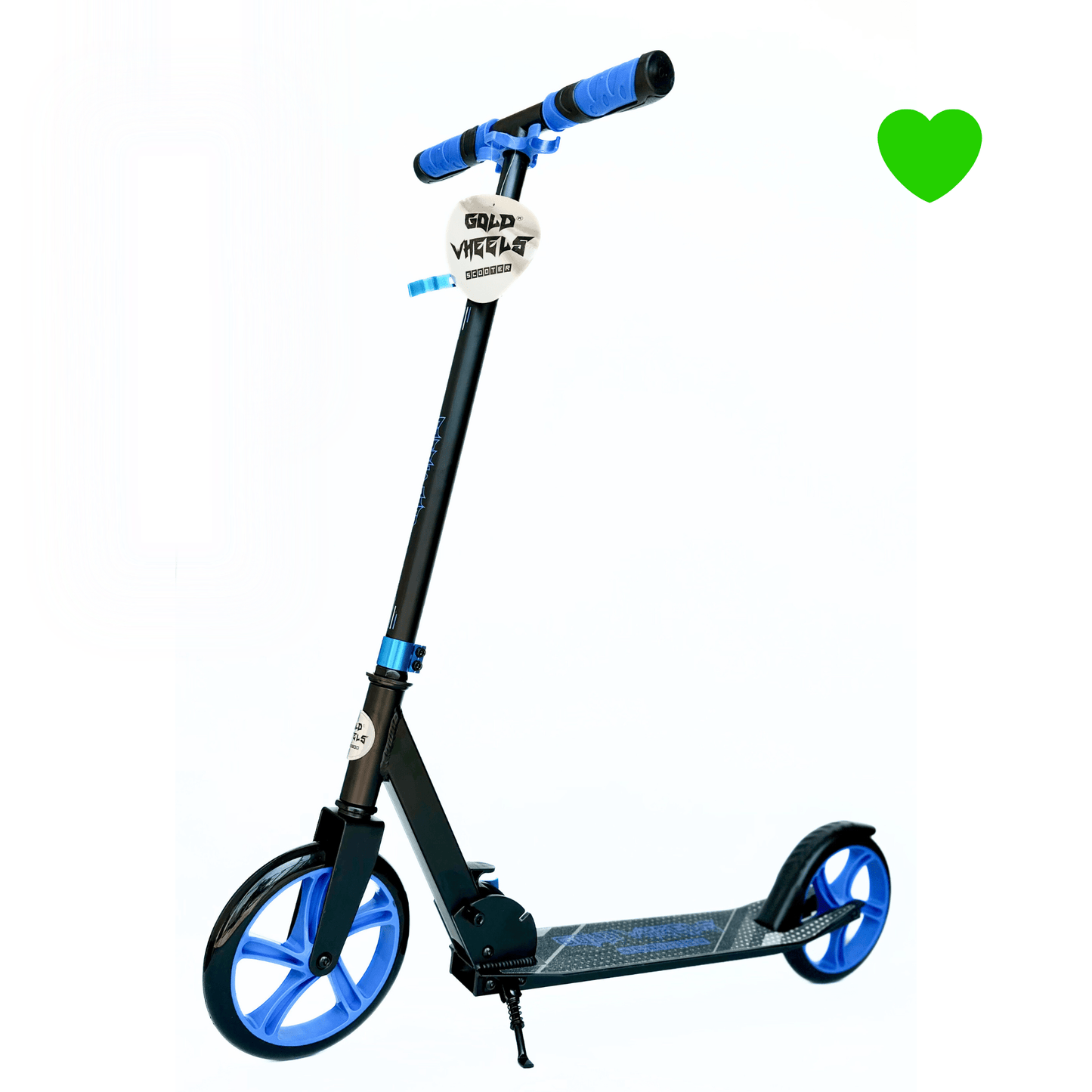 Scooter azul y negro de dos ruedas para niños con manillar ajustable y ruedas grandes.